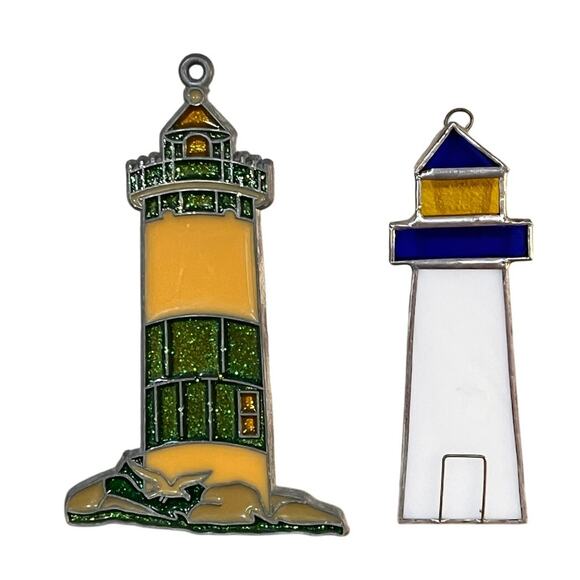 None and/or Unknown Other - Lot of 2 Lighthouse Ornaments Stained Glass & Glitter Resin Coastal Beach Decor